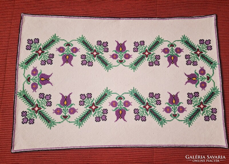 Cross-stitch tablecloth, needlework purple-green