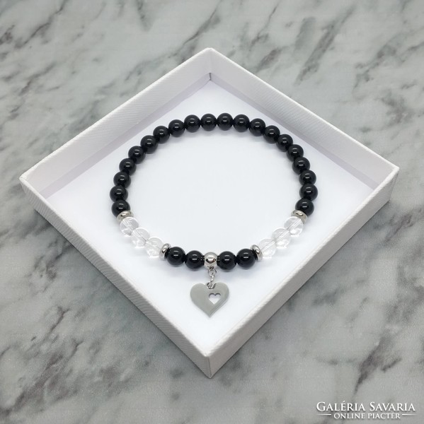 Onyx and rock crystal mineral bracelet with stainless steel spacer