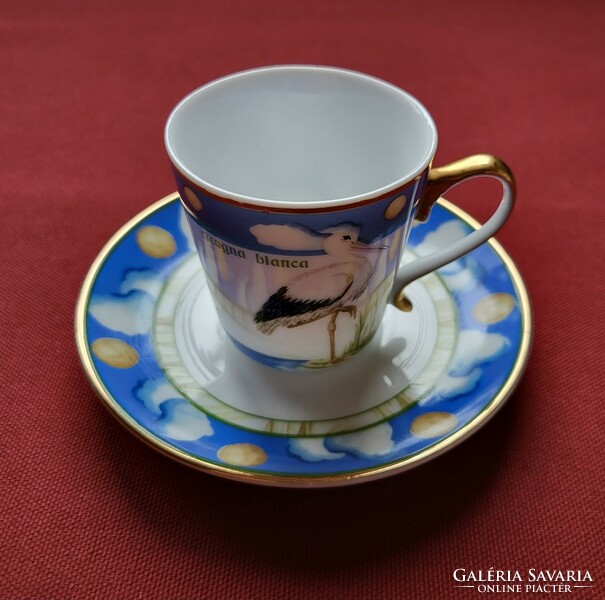 Lg French porcelain coffee set cup saucer plate cicogna bianca white stork with bird pattern