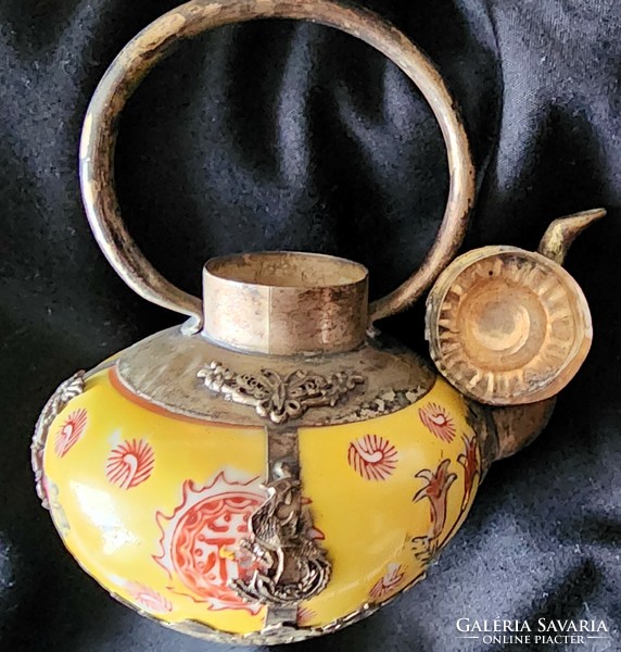 Very Old Chinese China Tea Teapot Paired Ceramic Silver Plated Metal Monkey + Dragon Figural Ornament