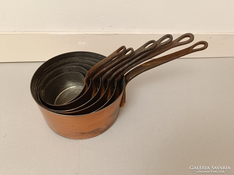 Antique kitchen tool with traces of tin plating, red copper pot with iron handle, set of 6 pieces 236