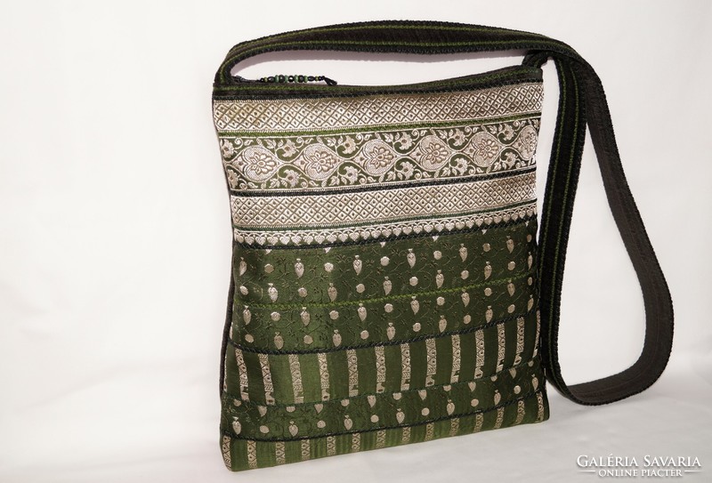 Green Silver Floral Handwoven and Embroidered Indian Saree Medium Shoulder Bag for Women
