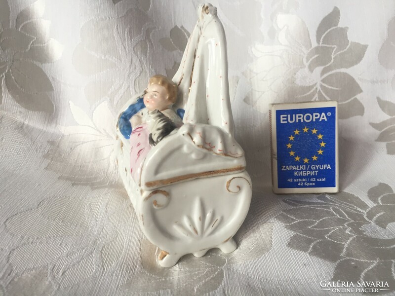 Charming antique figural porcelain box, small child figurine, doll with kitten, lock of hair or toothpick holder