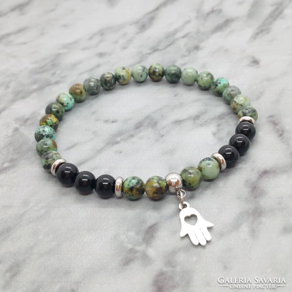 African turquoise and onyx mineral bracelet with stainless steel spacer