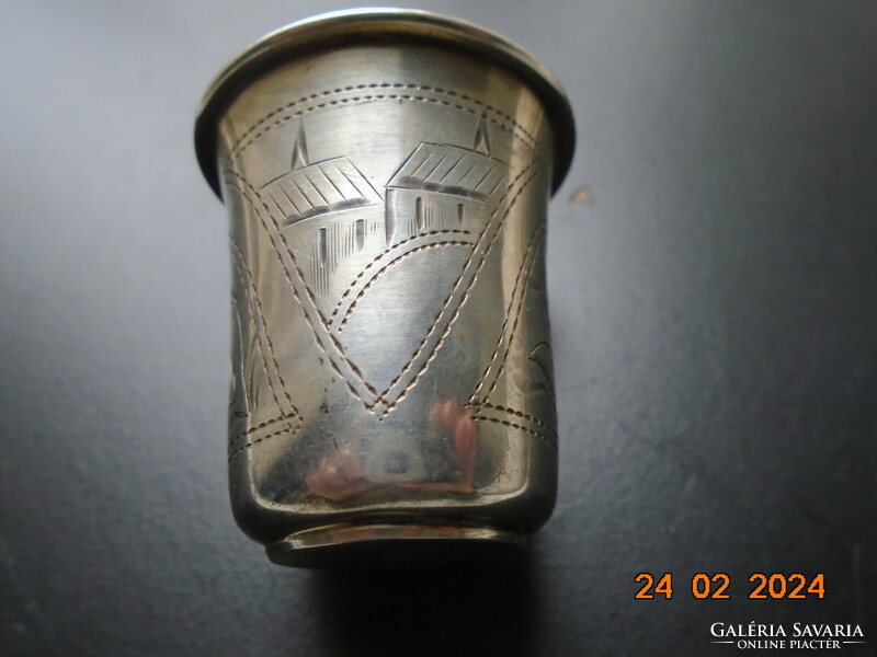 Cári orosz judaika jelzett ezüst kiddush pohár gravírozott levél és város mintával,ötvös monogrammal