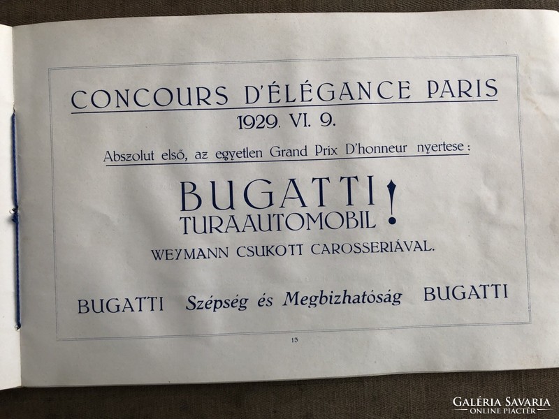 Bugatti túraautómobil prospektus és árjegyzék