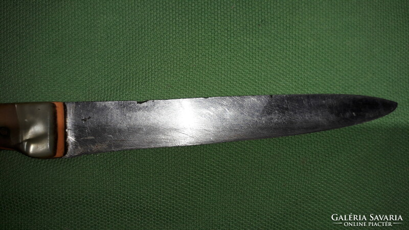 Antik gyöngyház nyelű kés vadászkés bőr tokjával 19 cm a penge 10 cm a képek szerint