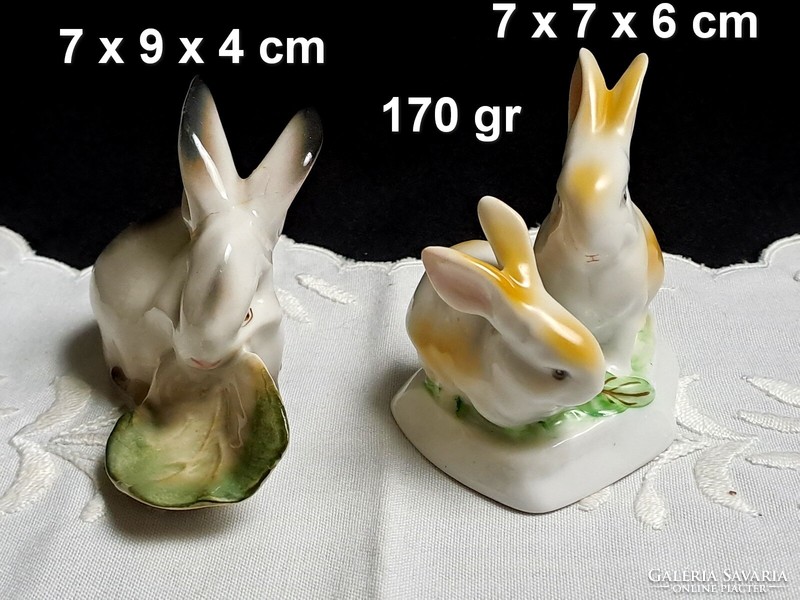 Hollóháza bunnies, pair of bunnies + gift Zsolnay bunnies with cabbage leaves