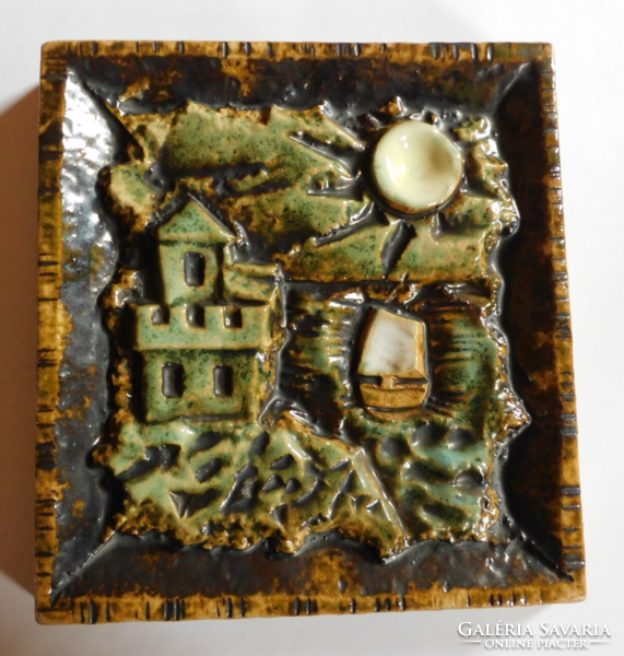 Old ceramic wall decoration/stove tile with sailing ship