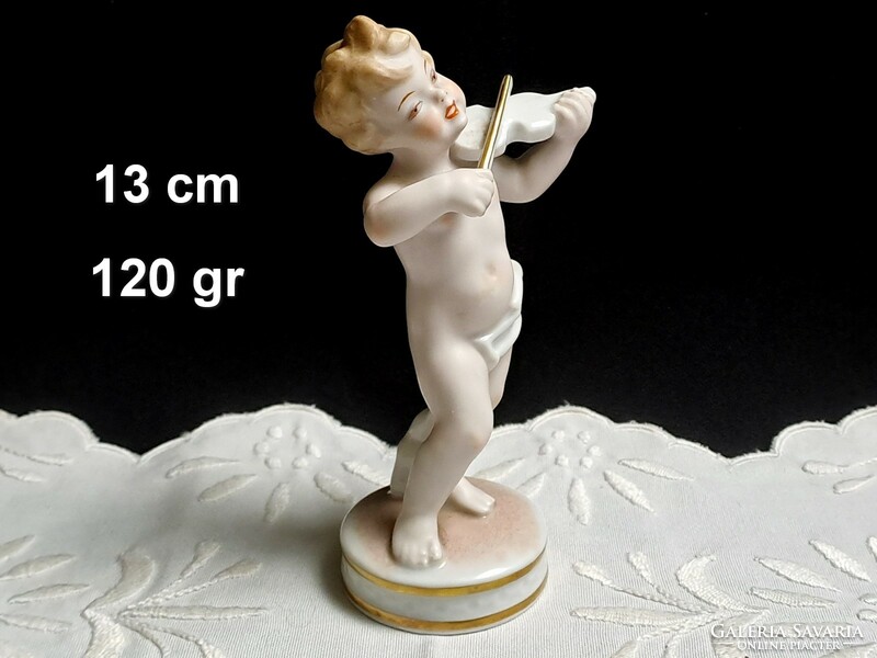 Schaubach Kunst porcelán puttó, kisfiú hegedűvel 13 cm Sérült!