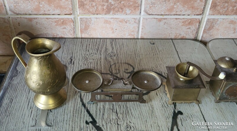 7 mini copper items together, telephone, bell, standing clock, grinder, jug, scale, telephone