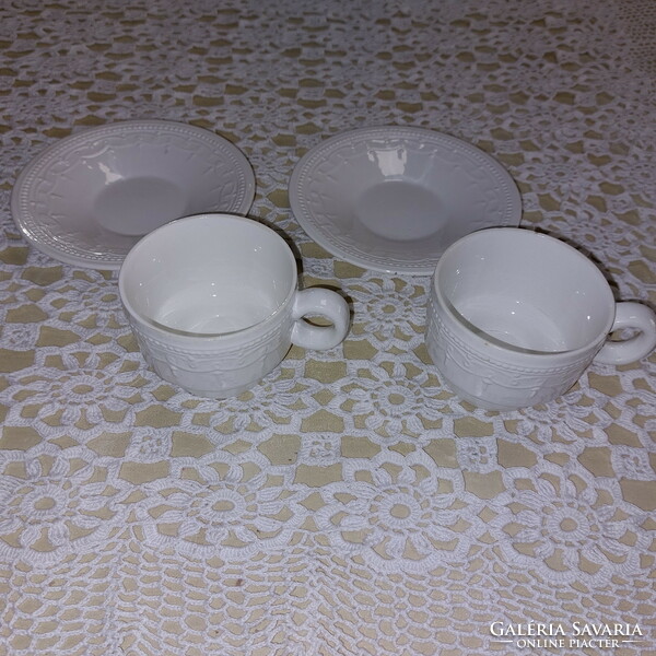 2 white coffee cups with granite markings + 2 plates