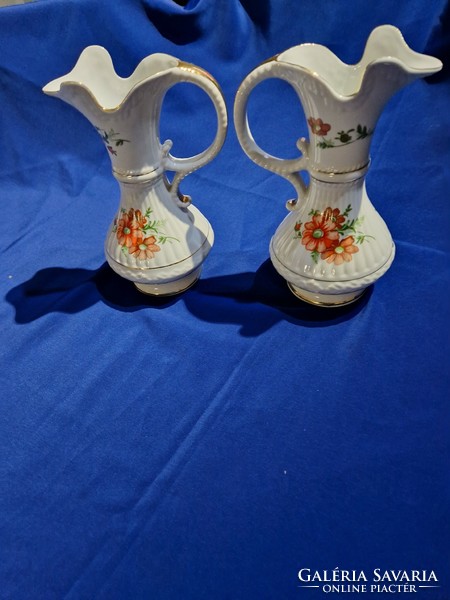 Pair of Polish porcelain flower-patterned carafe pouring jugs