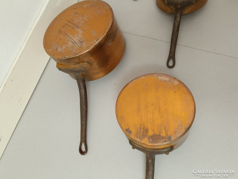 Antique kitchen tool with traces of tin plating, red copper pot with iron handle, set of 6 pieces 236