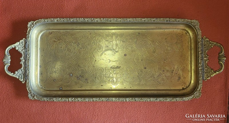 Huge patina engraved copper tray with handles 59x23 cm, 1.7 kg,