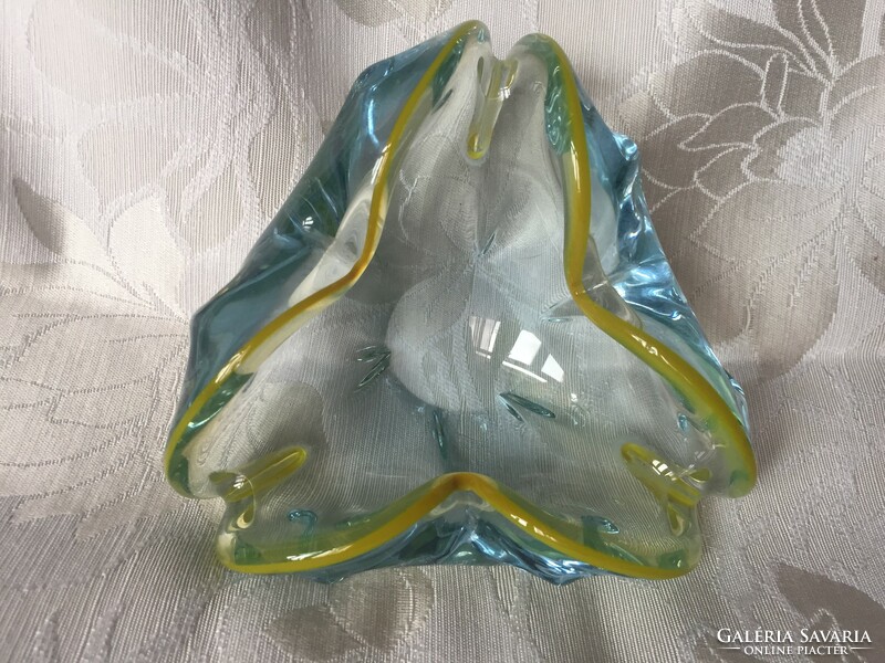 Special, aqua blue colored, ruffled edge artistic glass ashtray, bonbon holder, bowl - thick glass