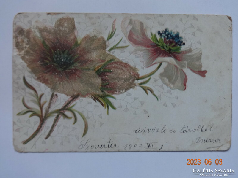 Old, antique graphic floral greeting card, embossed (1900)