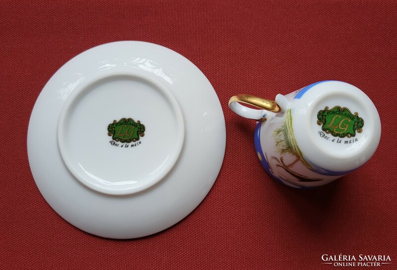 LG francia porcelán kávés szett csésze csészealj tányér cicogna bianca fehér gólya madár mintával