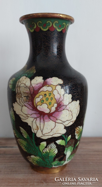 Antik , vintage Cloisonné rekeszzománc, tűzzománc  kinai váza virágos dekorral