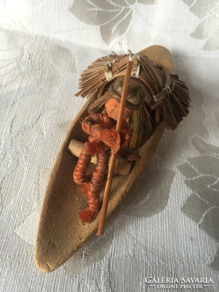 Old Peruvian boat, ship, spulni, thread man, with Indian figure, souvenir, travel souvenir