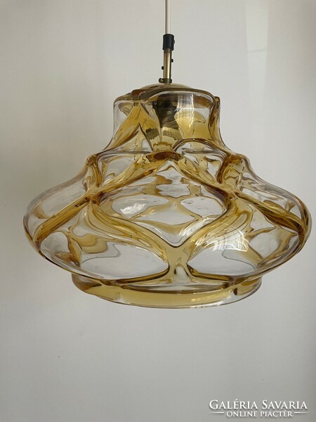 Mid century üveg függeszték lámpa 34cm réz mézüveg - retro design vintage