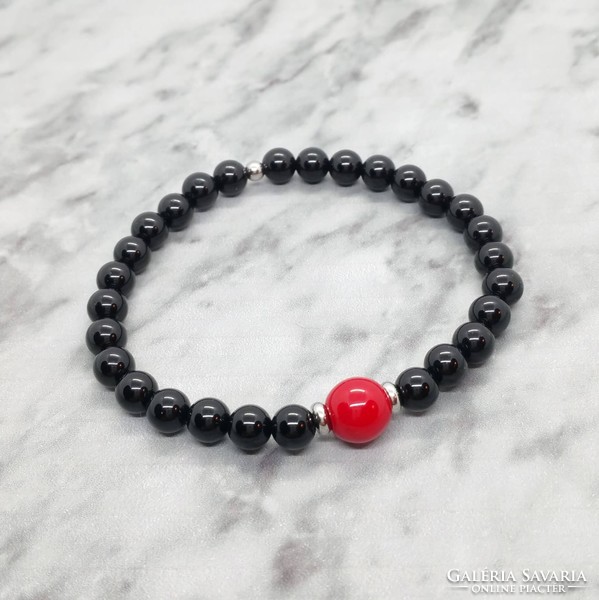 Onyx and coral mineral bracelet with stainless steel spacer