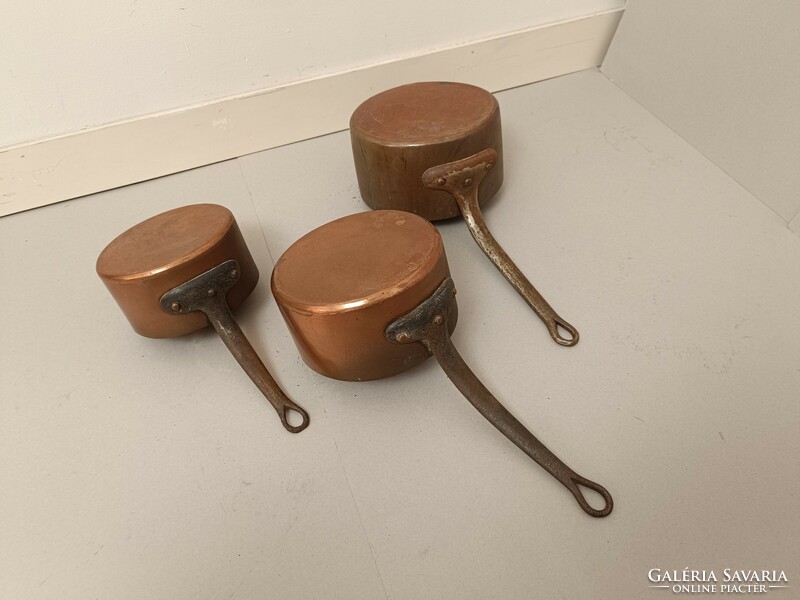 Antique kitchen tool with traces of tin plating, red copper pot with iron handle, set of 3 pieces 229