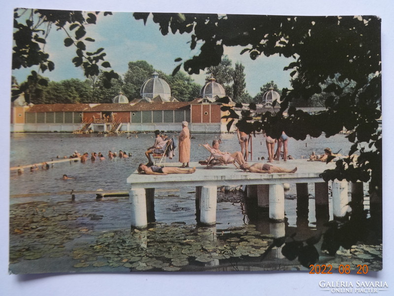 Old postcard: Hévíz spa - lake with bathhouse (1965)