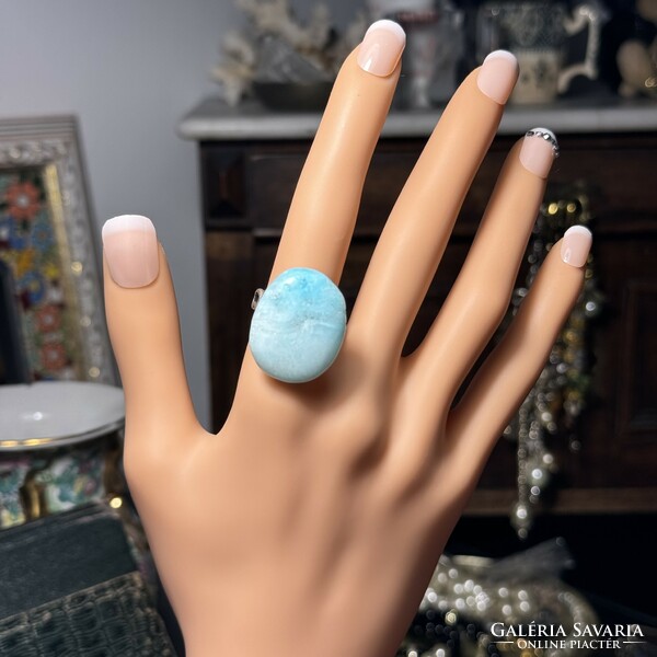 Modern large larimar ring, light blue adjustable size statement ring, silver color gemstone ring