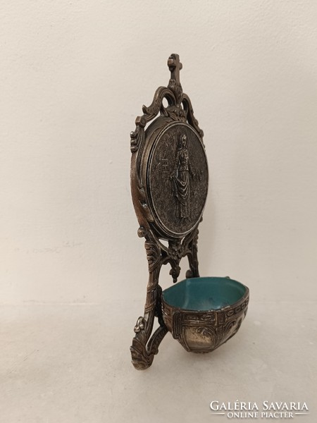 Antique holy water holder 19th century pewter Christian religion Christ wall holy water holder signed 227