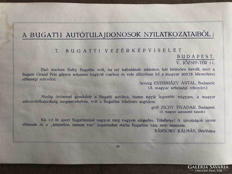 Bugatti túraautómobil prospektus és árjegyzék