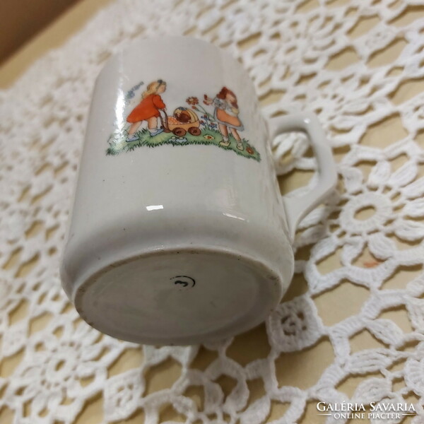 Zsolnay antique children's mug, two little girls with prams