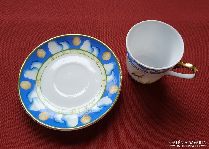 Lg French porcelain coffee set cup saucer plate airone rosso with red egret bird pattern