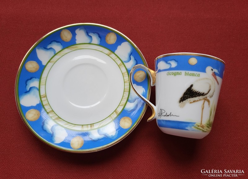Lg French porcelain coffee set cup saucer plate cicogna bianca white stork with bird pattern