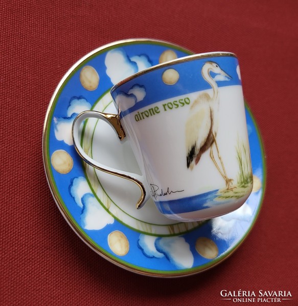 Lg French porcelain coffee set cup saucer plate airone rosso with red egret bird pattern