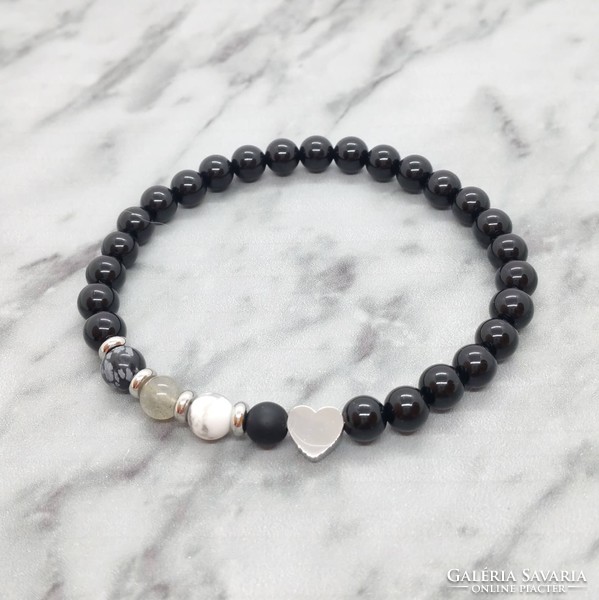 Onyx, howlite, labradorite and obsidian mineral bracelet with stainless steel spacer