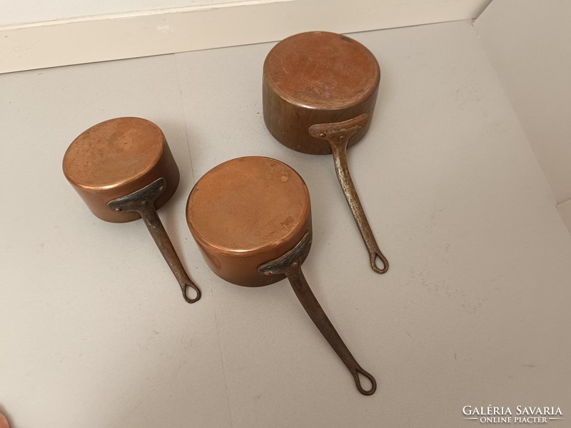 Antique kitchen tool with traces of tin plating, red copper pot with iron handle, set of 3 pieces 229