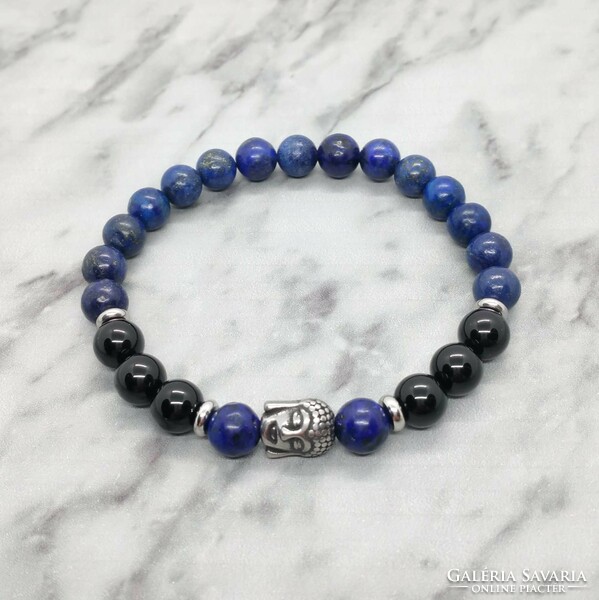 Lapis lazuli and onyx mineral bracelet with stainless steel spacer