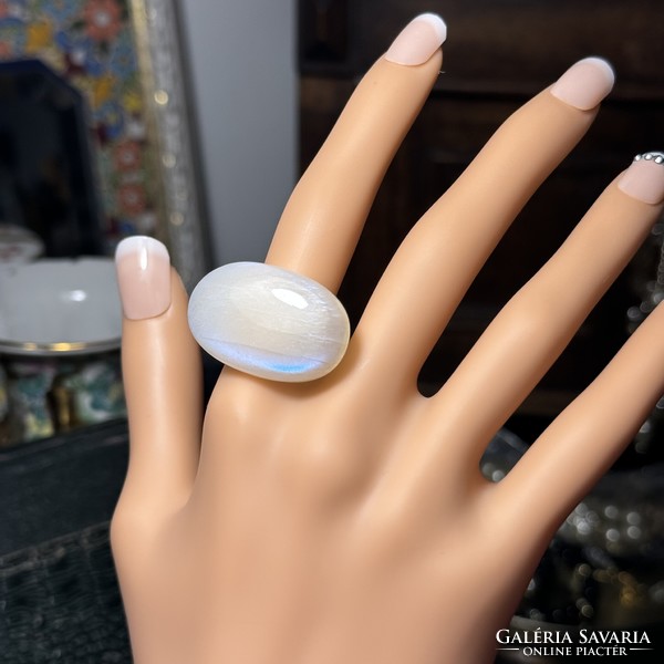 Modern large moonstone ring, blue opalized moonstone adjustable size statement ring, gold color ring