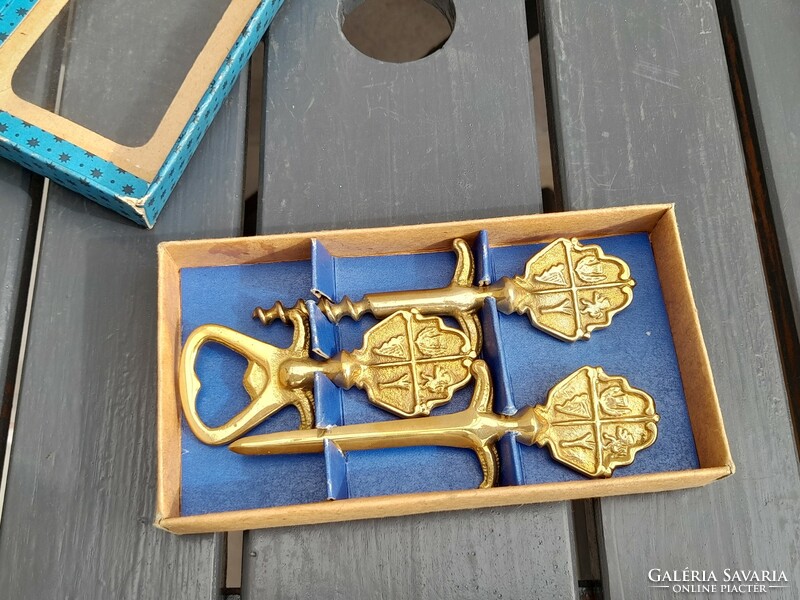 Copper corkscrew, letter opener and bottle opener set in box