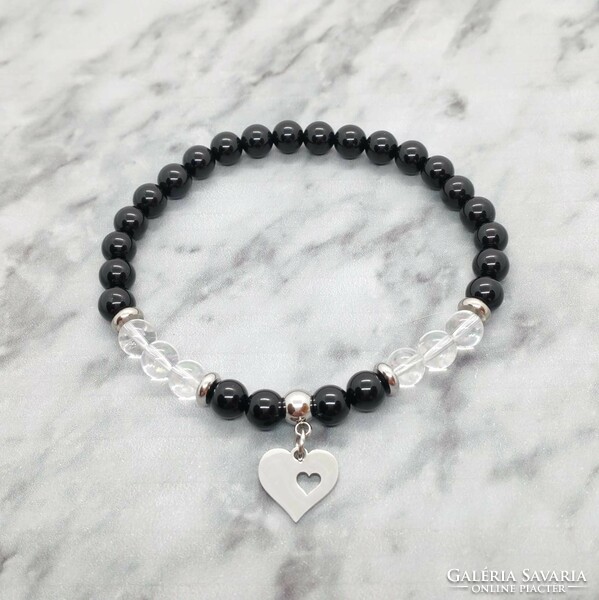 Onyx and rock crystal mineral bracelet with stainless steel spacer