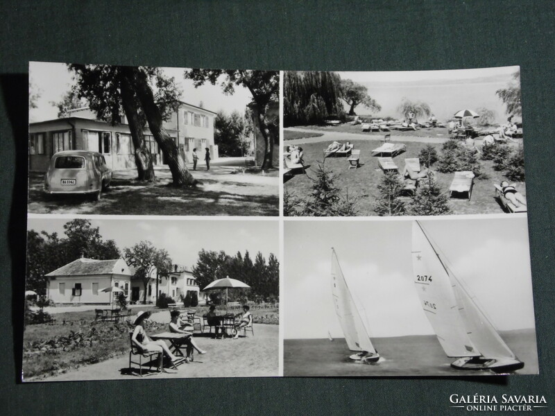 Képeslap, Balatonberény, KSZKBI üdülő, park részlet, strand,üdülő hölgyekkel,vitorlás hajó