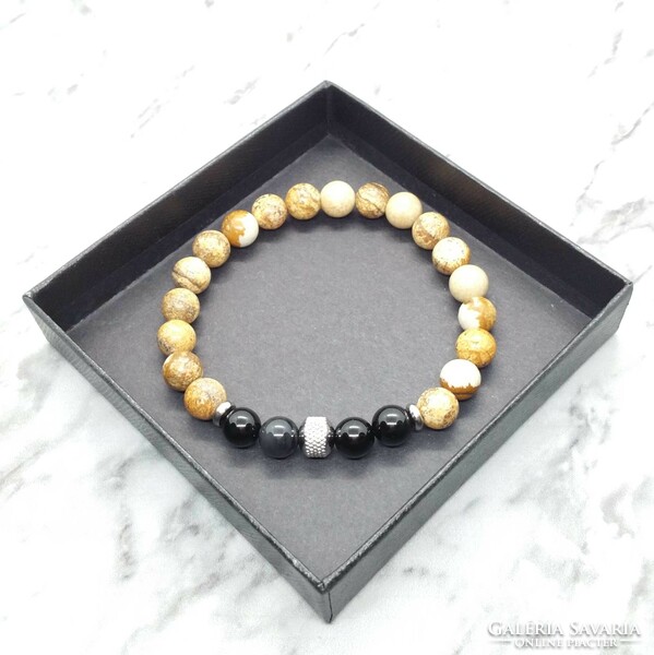 Picture jasper and onyx mineral bracelet with stainless steel spacer