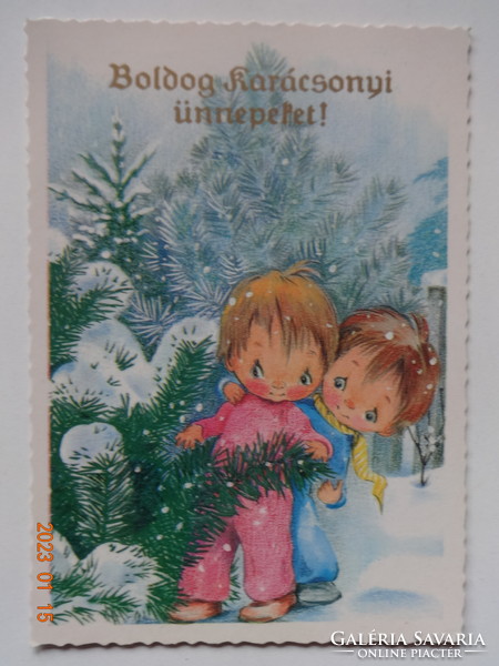 Régi grafikus karácsonyi képeslap, postatiszta
