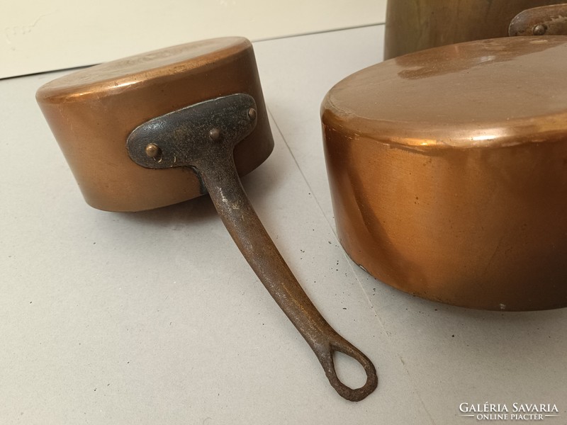 Antique kitchen tool with traces of tin plating, red copper pot with iron handle, set of 3 pieces 229