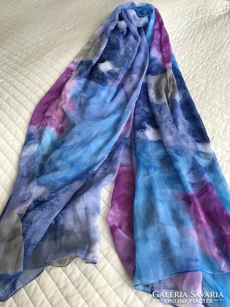 Silk stole with batik cloud-like pattern, wonderful colors, 180 x 100 cm