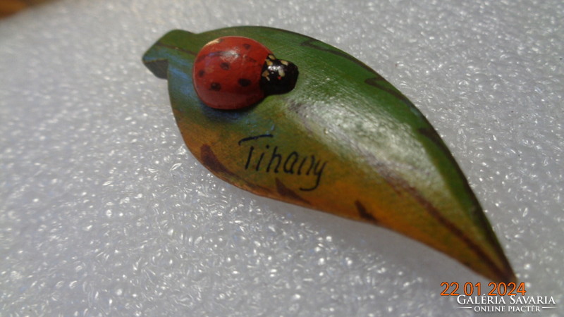 Tihany inscription brooch, old, with a ladybug, carved from wood, 4.5 cm