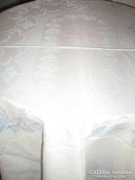 Beautiful antique vintage baroque acanthus leaf pattern pale blue damask tablecloth