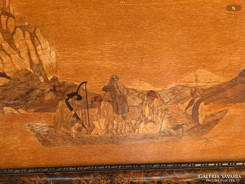 Régi intarzia kép csodás korabeli keretben, talán Bezdáni Lajos iparművész alkotása