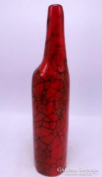 32.5 cm retro vase, Hungarian applied art ceramics, cracked burgundy glaze, sometimes with a golden glow